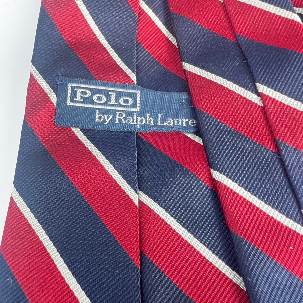 Polo Ralph Lauren Tie Mens Navy Blue Red White Striped Silk Hand Made Italy